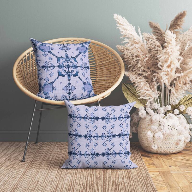 Gridded Blossom Indoor/Outdoor Reversible Throw Pillow Blue
