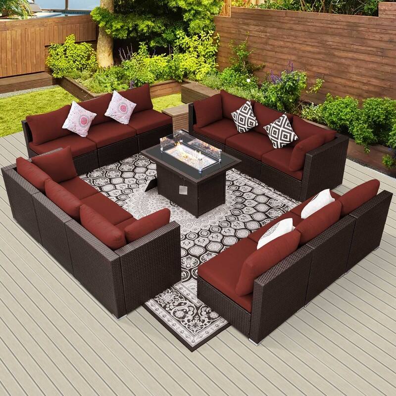 FINCATI Outdoor Wicker Patio Furniture Conversation Sectional Sofa Set - 13 PCS - Burgundy