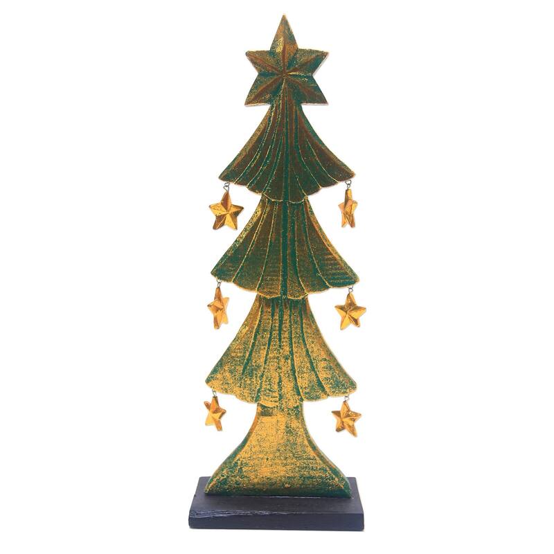 Novica Handmade Starry Christmas Tree Wood Tabletop Decor - Green - 16.5" H x 5.5" W x 2.8" D
