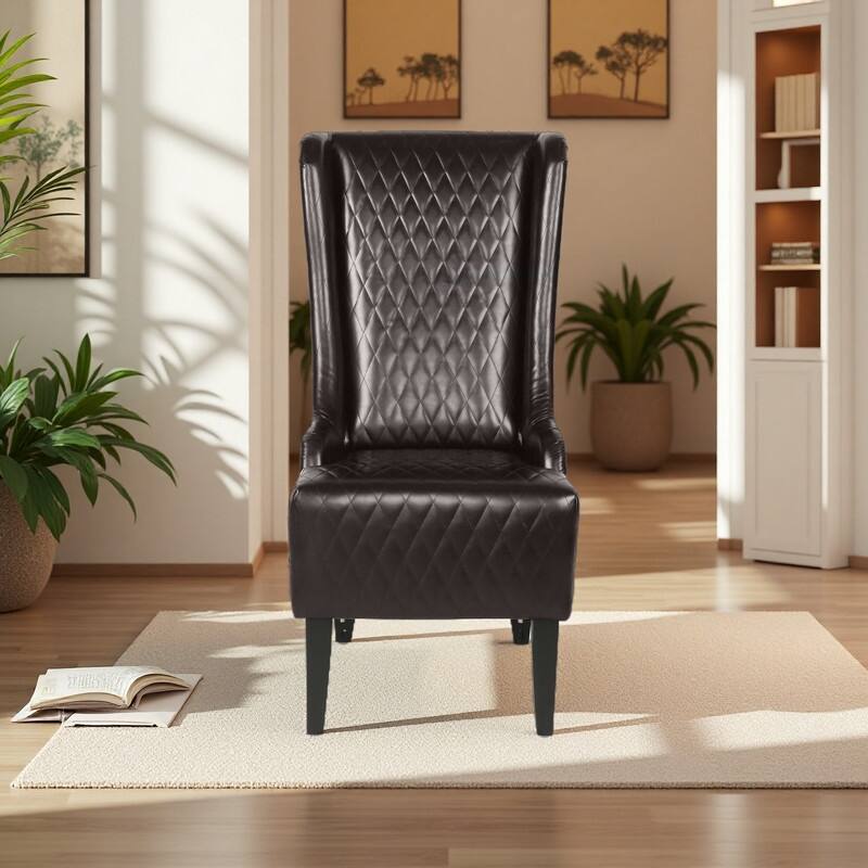 Faux Leather Wingback Chair with Wooden Legs and High Back Support - Dark Brown