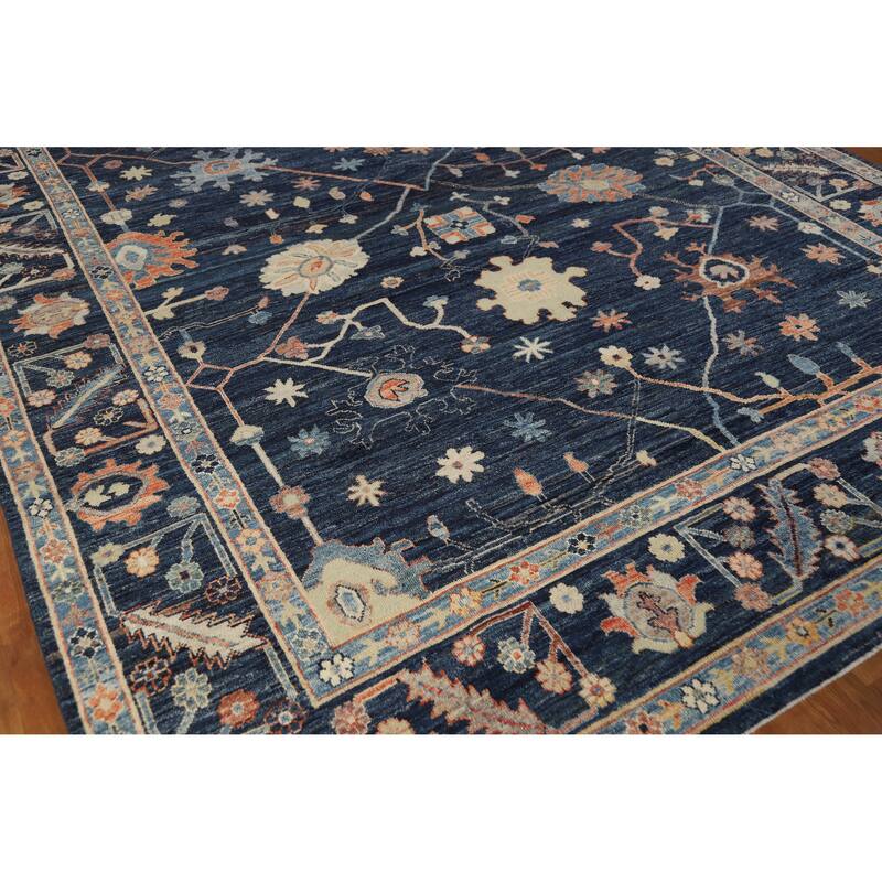 Hand Knotted Oriental 100% Wool Carpet Transitional All-Over Navy Blue & Blues Oushak Area Rug - 9' 9'' X 8' 2''