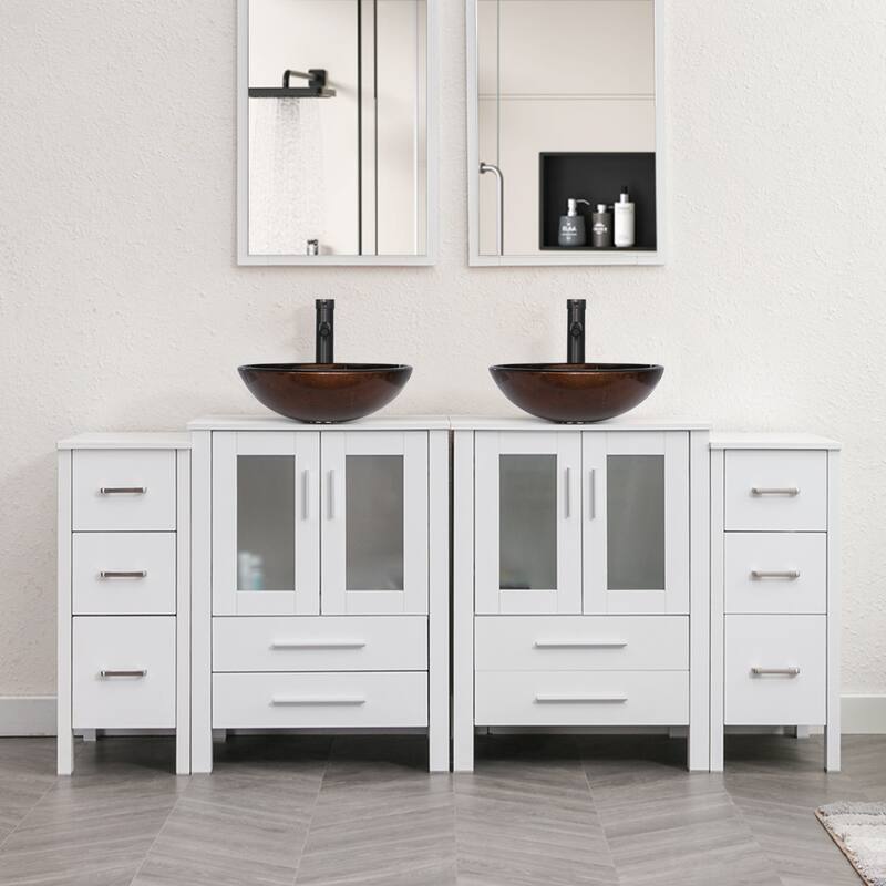 72" Bathroom Vanity Set Glass Ceramic Vessel Sink Side Cabinet Combo - brown round sink - White