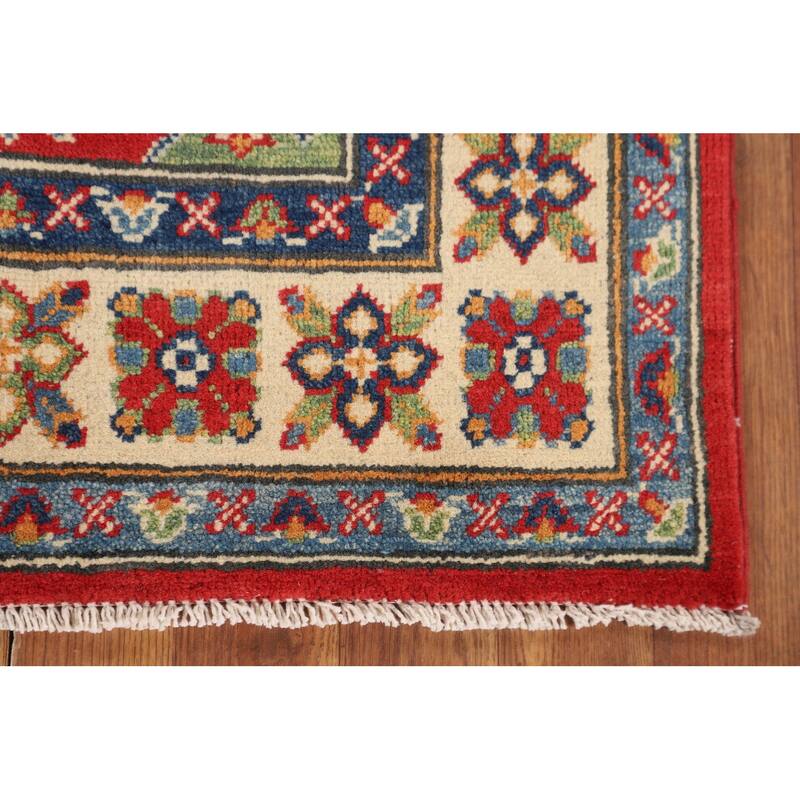Kazak Foyer Rug Hand-Knotted Red Geometric Wool Carpet - 2'6" x 4'1"