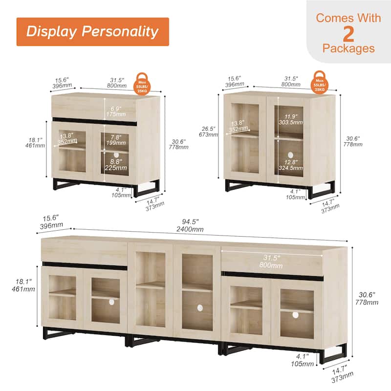 Modern TV Stand for Tvs Up to 100 Inch, 3 In 1 TV Console with Glass Doors and 2 Drawers, Entertainment Center for Living Room