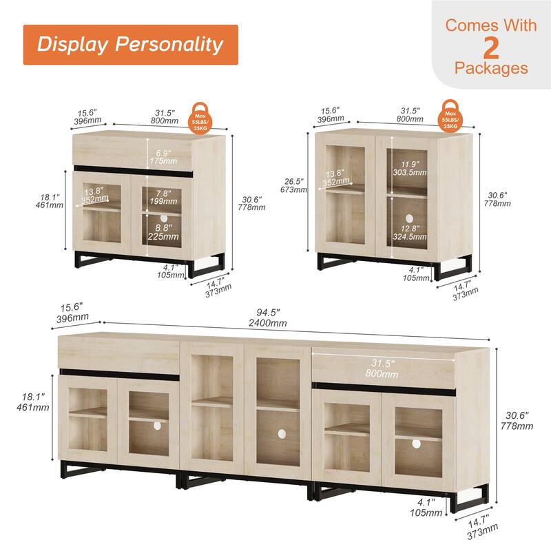WAMPAT Dresser with Glass Doors, 3 in 1 Modern Chest of Drawers with Adjustable Shelves and 2 Drawers for Bedroom