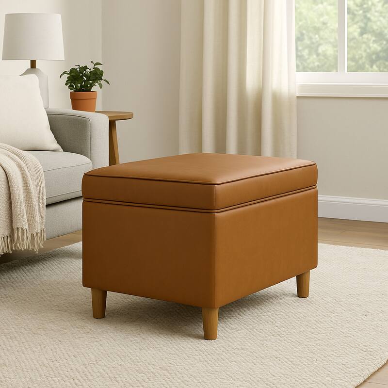 Fero Storage Ottoman, 24in Rectangular Hinged Lid, Brown Faux Leather