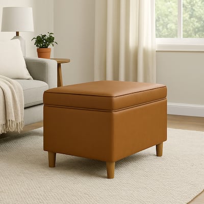 Fero Storage Ottoman, 24in Rectangular Hinged Lid, Brown Faux Leather