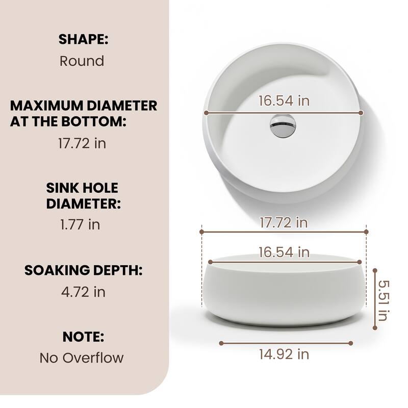 Solid Surface Vessel Bathroom Sink with Pop-Up Drain and Drain Hose, Modern Above Counter Wash Basin with Center Drain