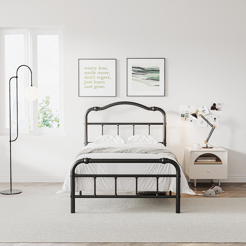Heavy-Duty Anti-Wobble 14 Inch Bed Frame With Wavy Art Headboard, No Needed Box Spring