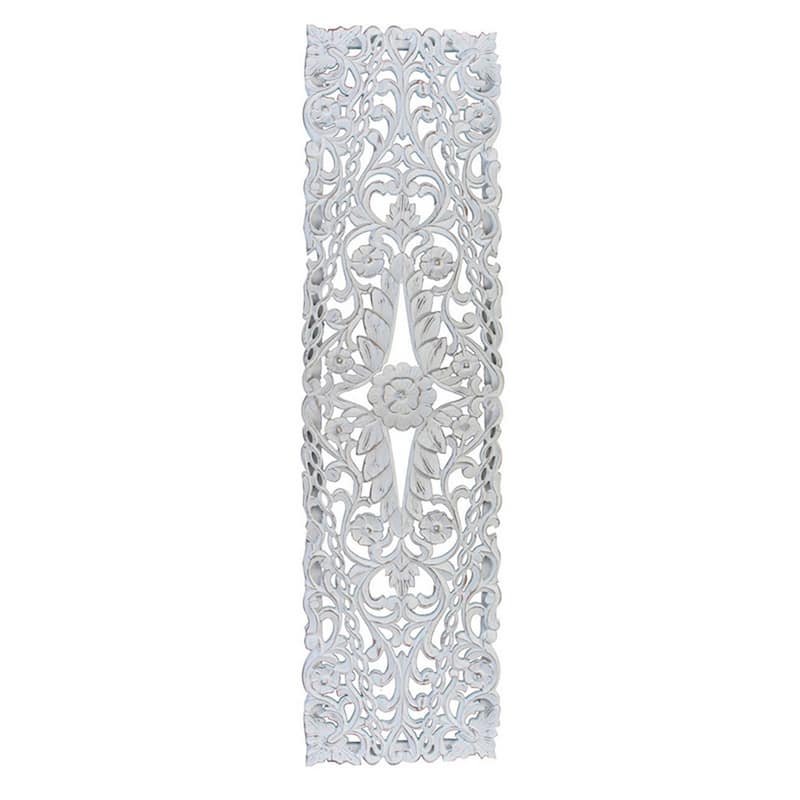 60 Inch Tall Decorative Panel, Carved Floral Vine Design, Mango Wood, White