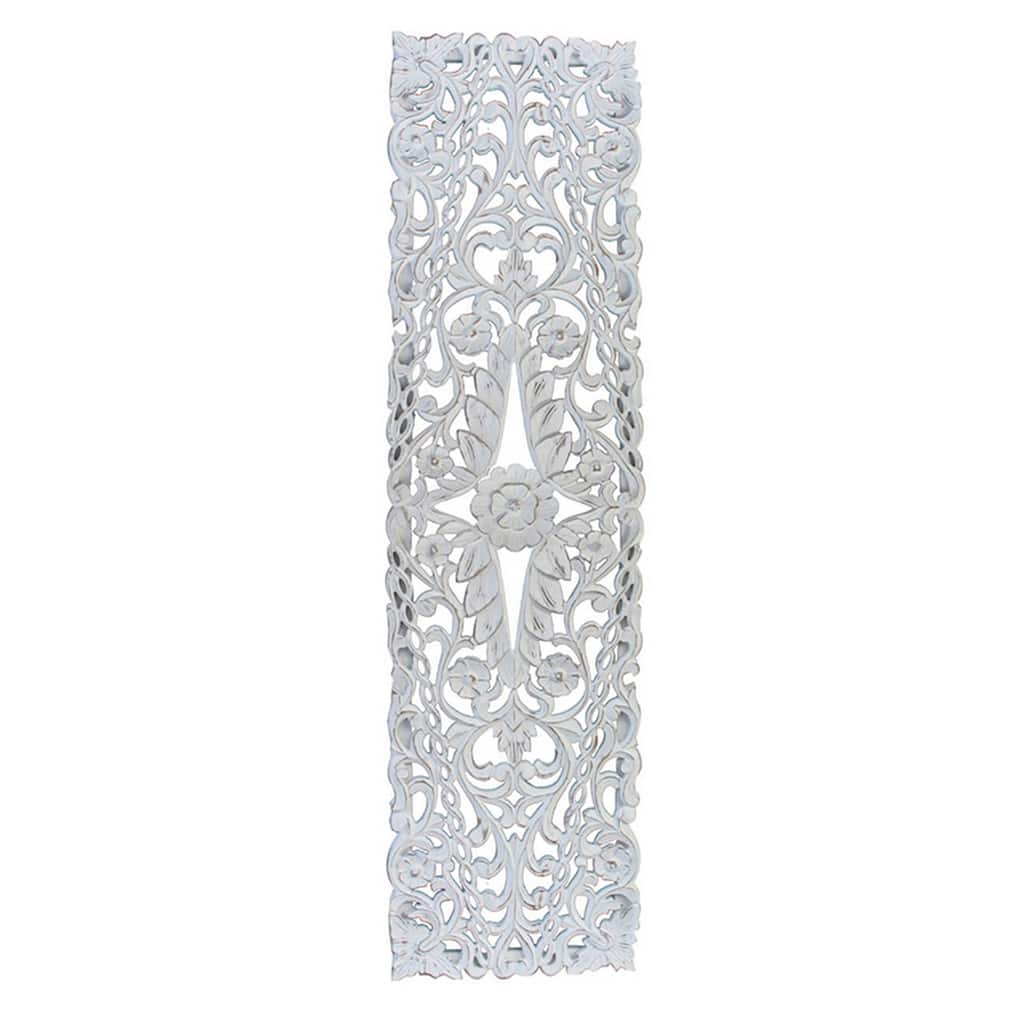 60 Inch Tall Decorative Panel, Carved Floral Vine Design, Mango Wood, White