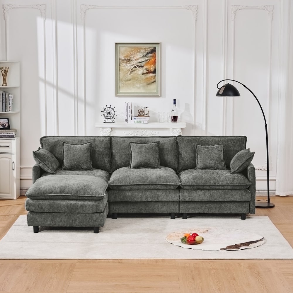 101.9" L-shaped Cashmere Sectional Sofa with Pillows and Movable Ottoman