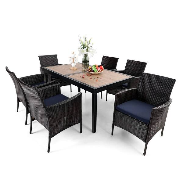 Phi Villa Seats Up To 6 8 7 Piece 9 Piece Patio Dining Set Expandable Rectangular Metal Table And 6 Rattan Chairs Overstock 32343716 Round aluminum outdoor dining table with extension. phi villa seats up to 6 8 7 piece 9