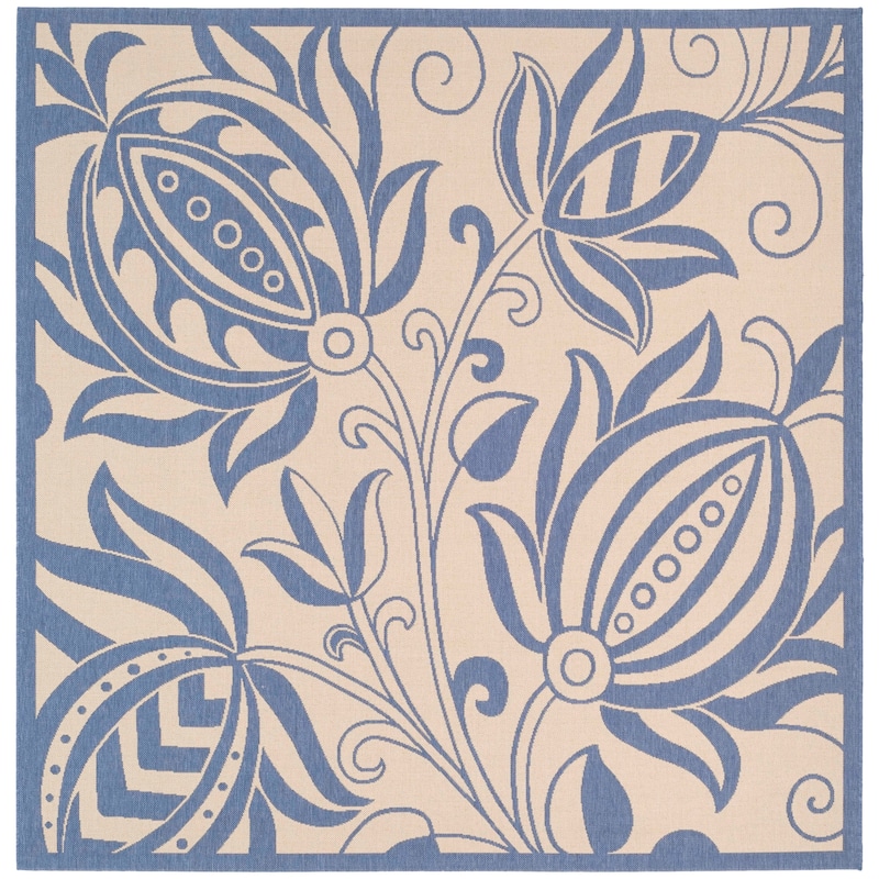 SAFAVIEH Courtyard Leatrice Indoor/ Outdoor Patio Backyard Rug - 7'10" x 7'10" Square - Natural/Blue