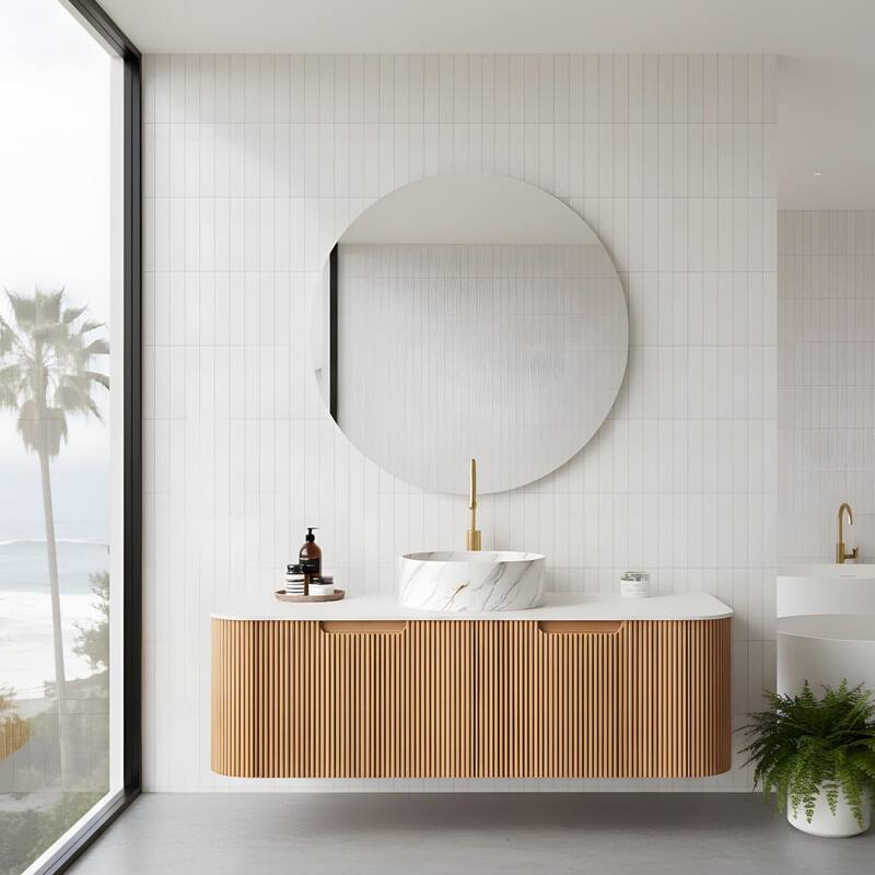 Floating Bathroom with Round Ceramic Basin and Storage Drawer