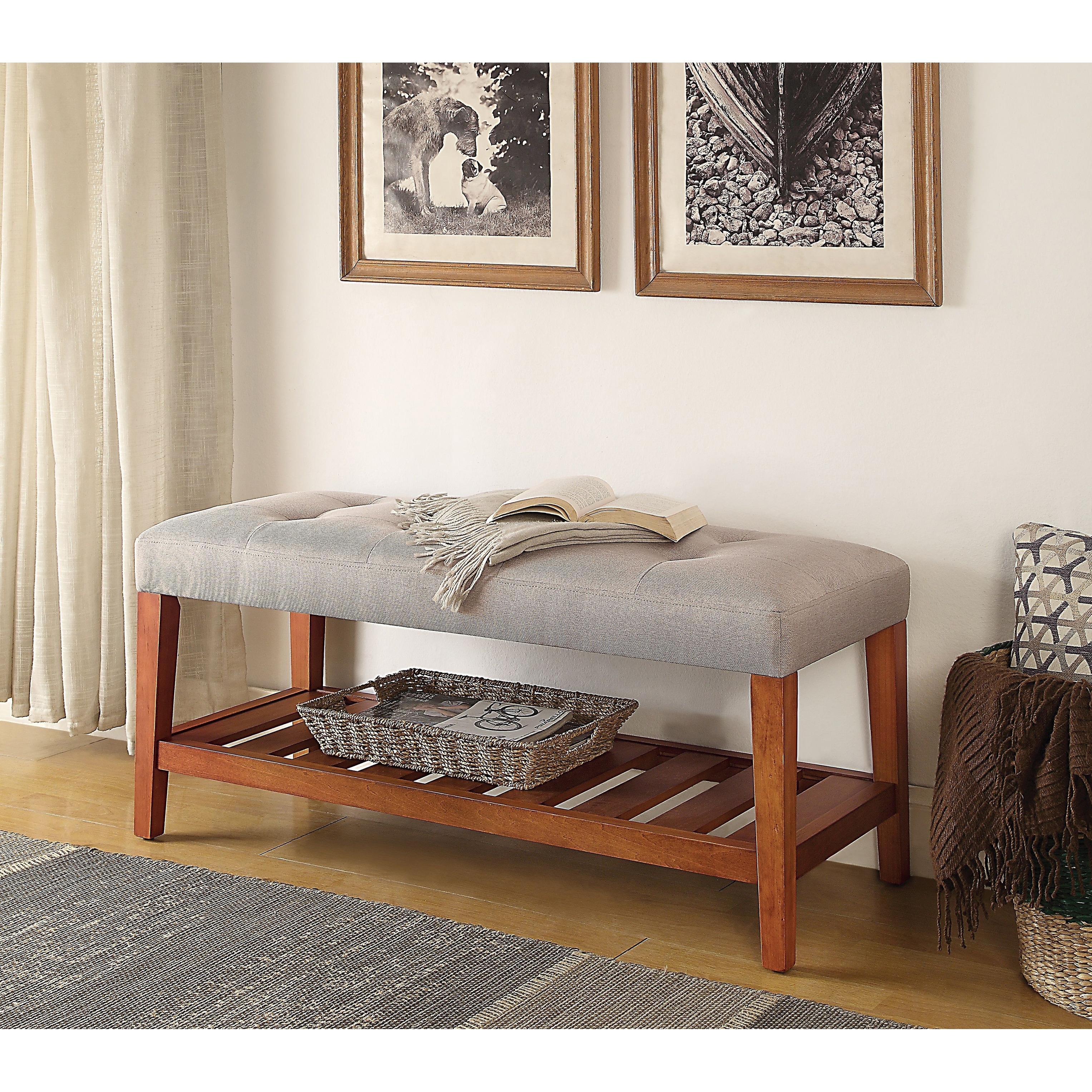 Fabric Upholstered Storage Bench with Slatted Shelf and Tapered Legs