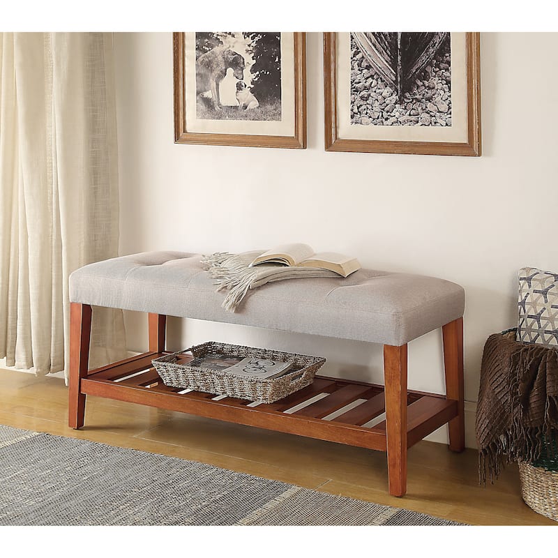Fabric Upholstered Storage Bench with Slatted Shelf and Tapered Legs - Gray