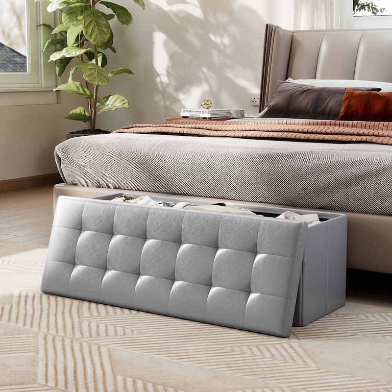 Costway 43 Inches Folding Storage Ottoman Bench with Side Pocket