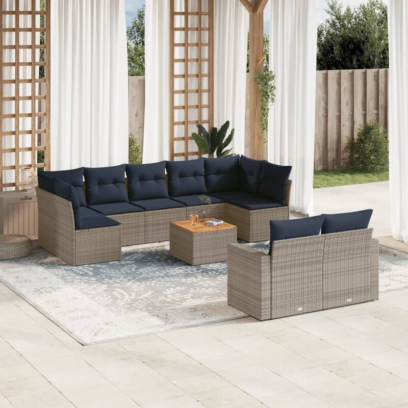 vidaXL 10 Piece Patio Sofa Set with Cushions Black Poly Rattan - 24.4" x 24.4" x 27.2" - Grey - form2