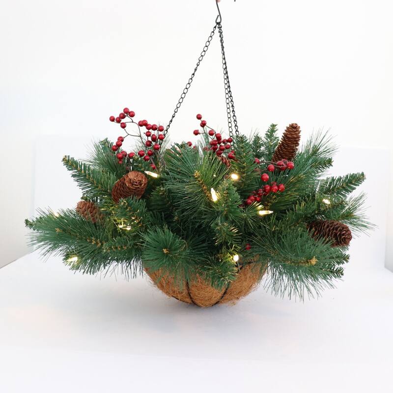 Traditional Woodland Berry 18" Dual Color LED Lighted Hanging Basket - 18"