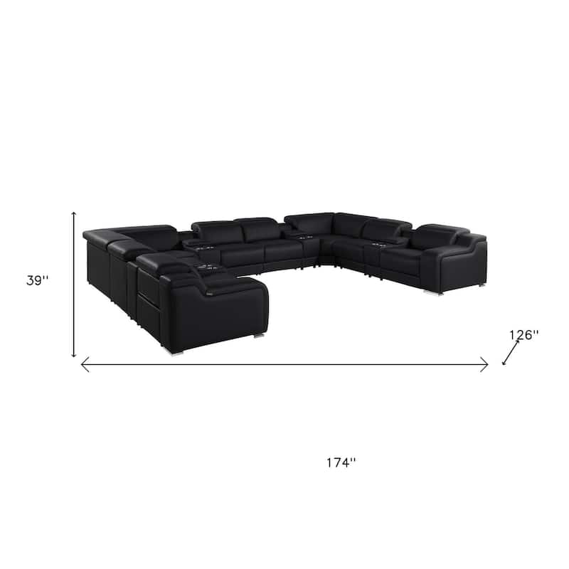 HomeRoots Black Italian Leather Power Reclining U Shaped Twelve Piece Corner Sectional With Console