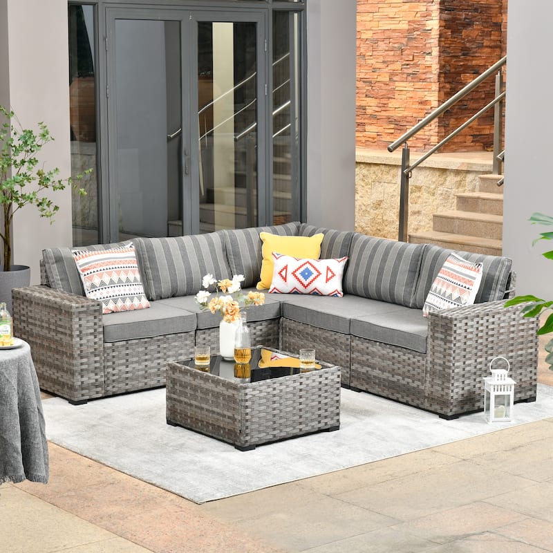 OVIOS Patio Wicker Furniture Wide Arm 6-piece Set with Table - Striped Grey