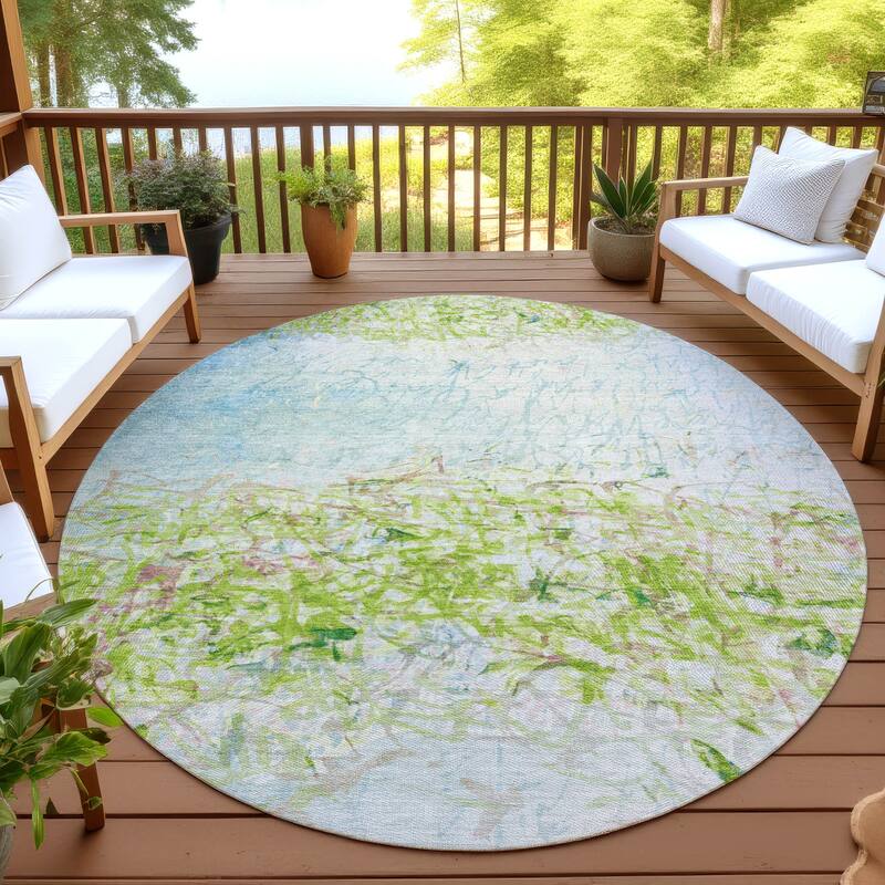 Machine Washable Indoor/ Outdoor Abstract Scribble Chantille Rug - Lime - 8' x 8'