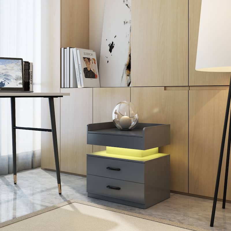 1 Set Nightstand with Adjustable LED Strip Light, 2-Drawers, Large Storage Space