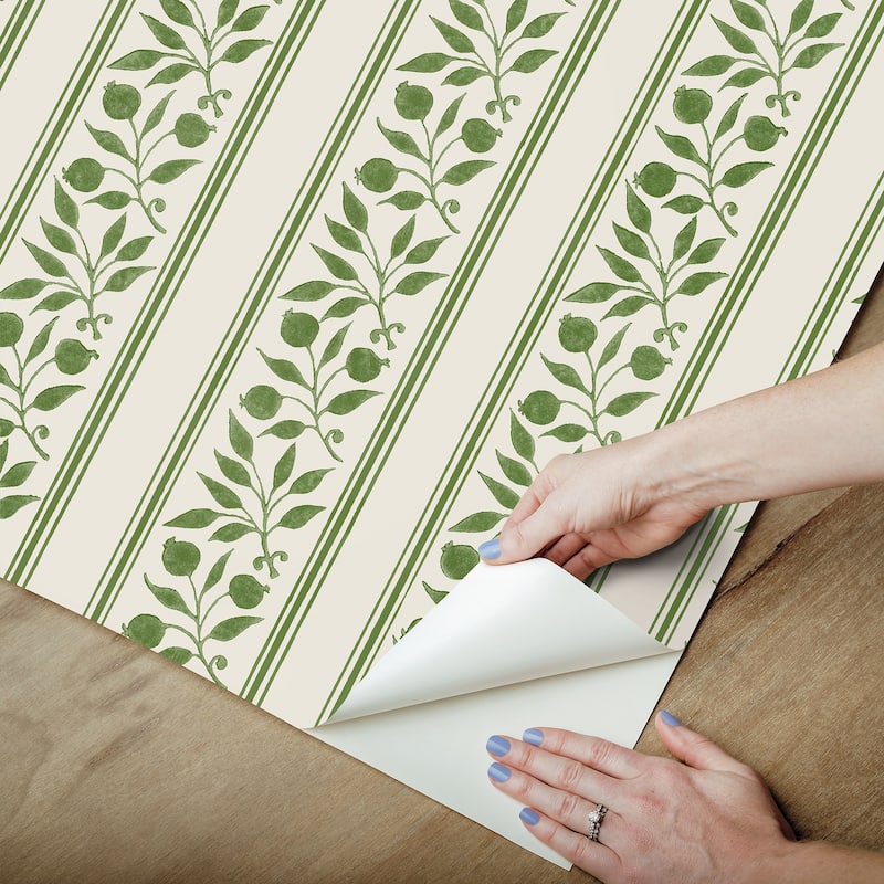 Rosehip Stripe Boughs Green Peel and Stick Wallpaper