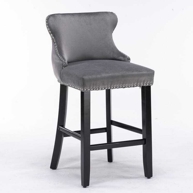 Upholstered Wing-Back Barstools Set of 2/4, Leisure Bar Chairs with Button Tufted Decoration, Wooden Legs and Nailhead Trim