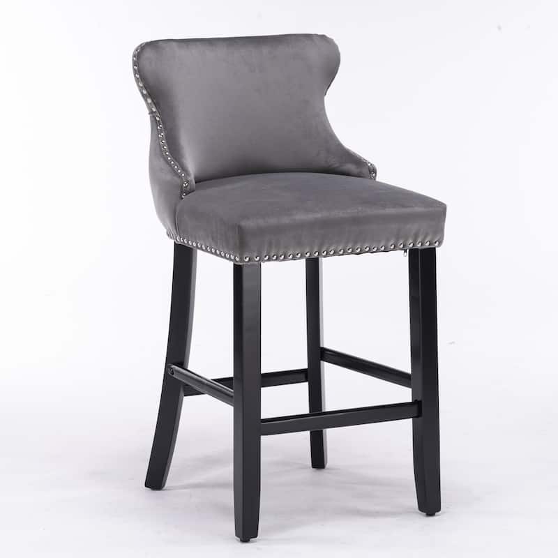Wing-Back Barstools with Button Tufted Decoration and Wooden Legs, Leisure Style Bar Chairs,Bar stools, Set of 2