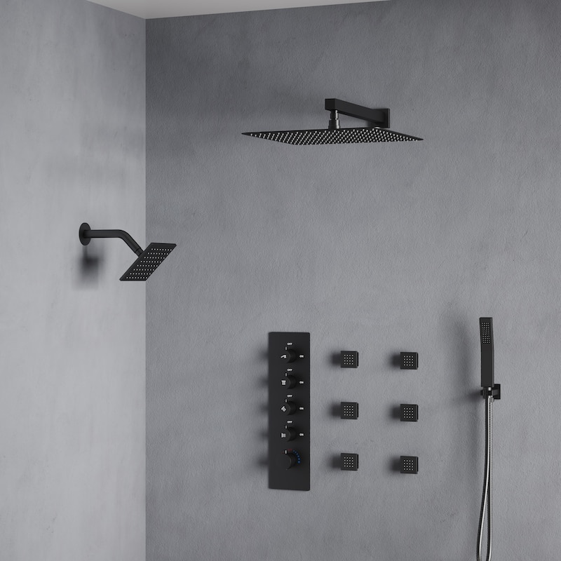 Dual Heads 16" Rainfall & High Pressure 6" Thermostatic Shower System with Body Jets - Matte Black