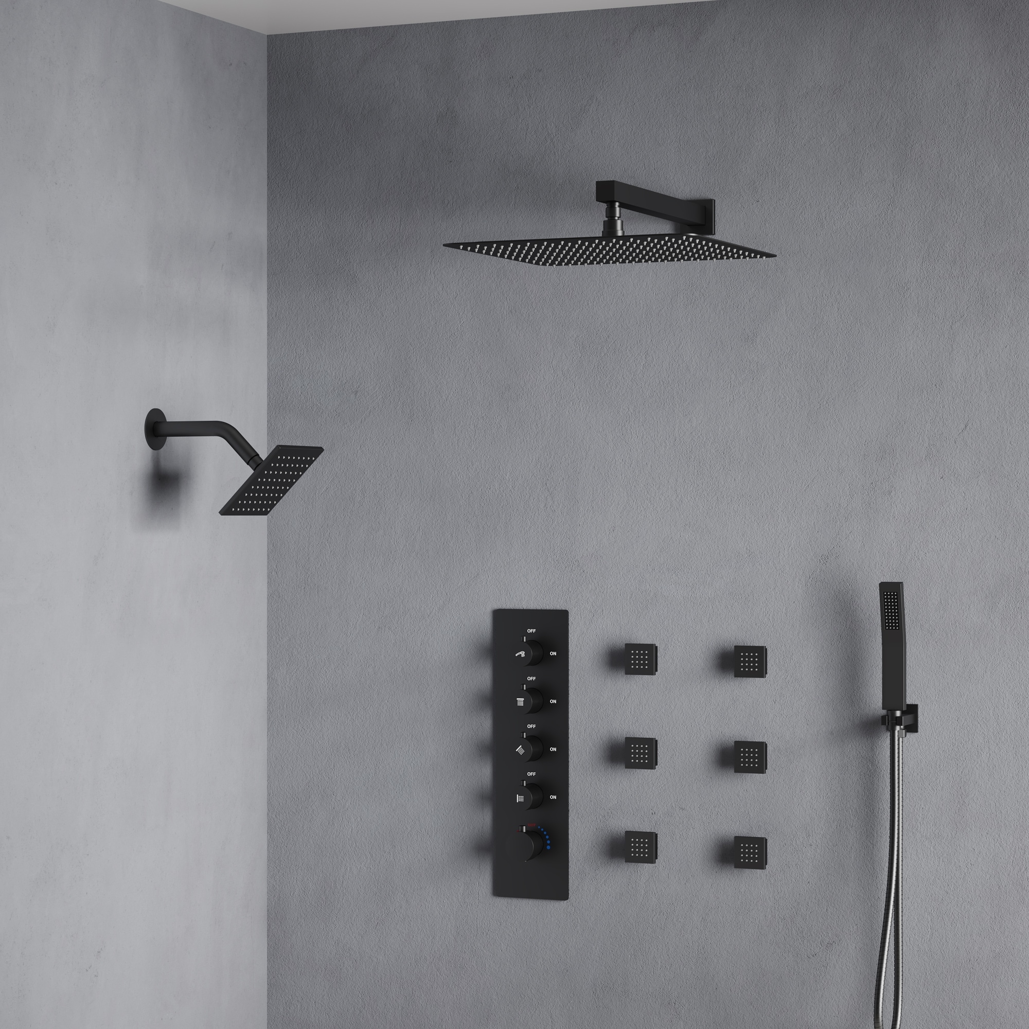 Dual Heads 16" Rainfall & High Pressure 6" Thermostatic Shower System with Body Jets
