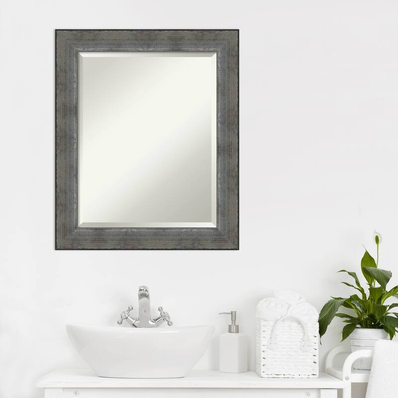 Beveled Wood Bathroom Wall Mirror - Forged Pewter Frame - Forged Pewter