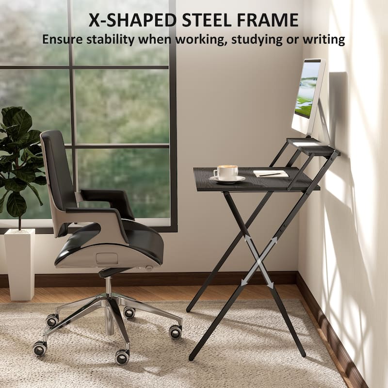 Folding Desk with Monitor Shelf Compact Space Saving Workstation for Home Office