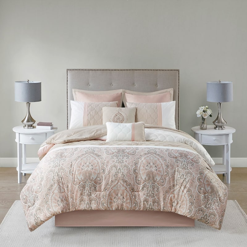 GDF Studio - Shawnee 8-Piece Quilted Comforter Set with Decorative Pillows - Blush (Cal King)
