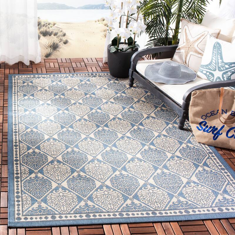 SAFAVIEH Courtyard Birgit Indoor/ Outdoor Waterproof Patio Backyard Rug - 8' x 11' - Blue/Ivory
