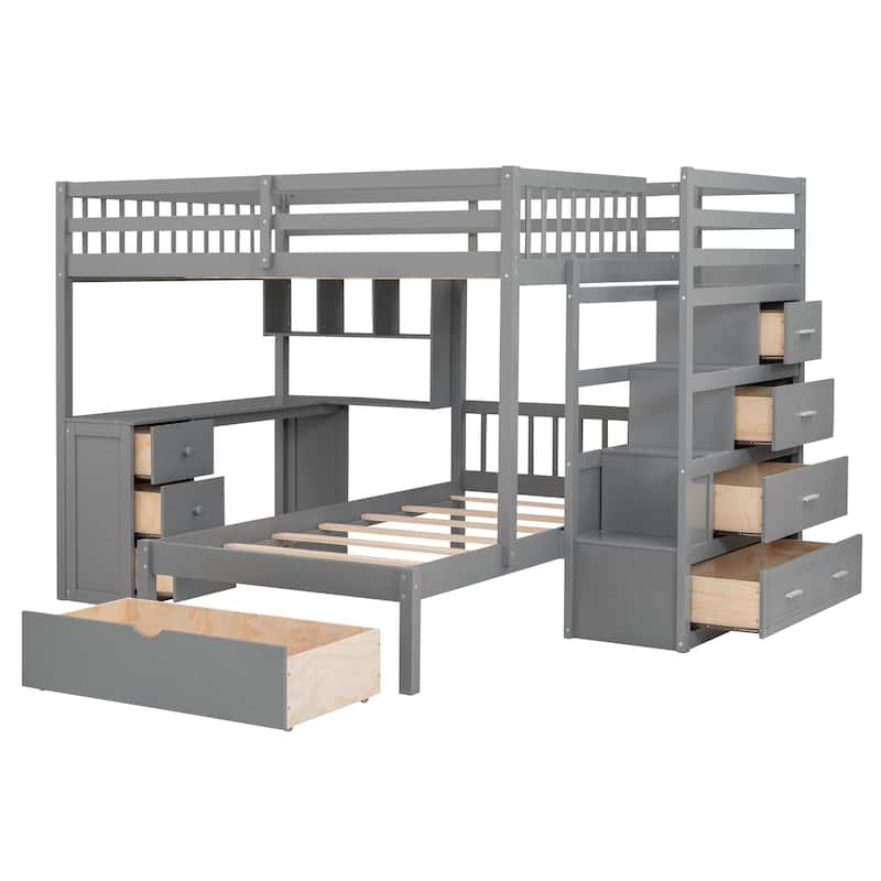Full Over Twin Bunk Bed with Desk, Drawers, and Shelves in Gray