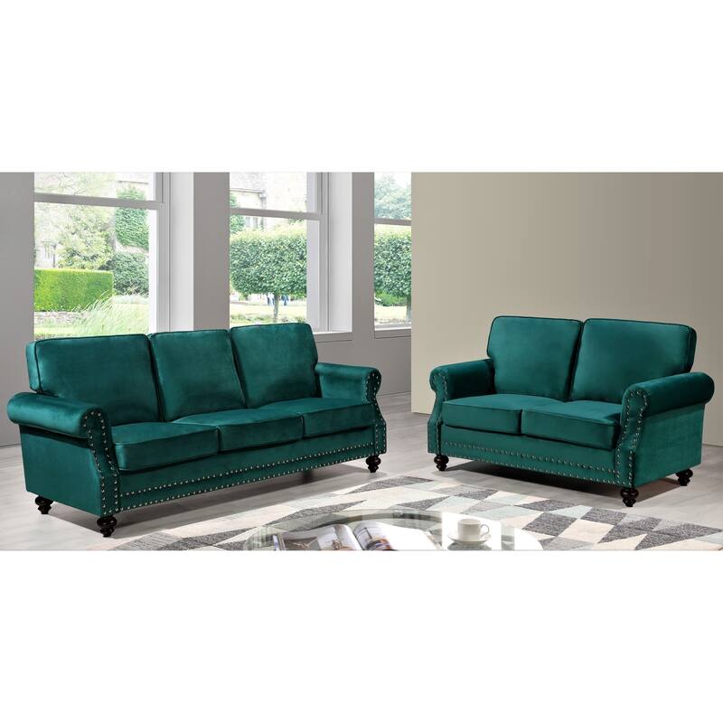 Suffield Velvet Nailhead 2-Piece Set-Loveseat & Sofa - Green