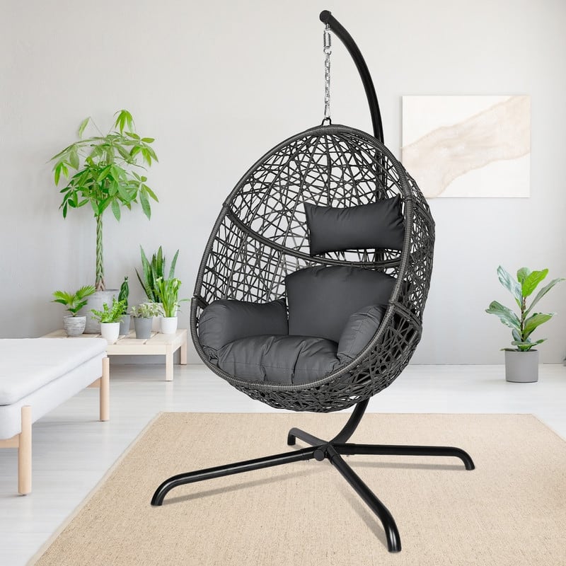 Oversized Outdoor Egg Chair with Stand, 450lbs Capacity Wicker Hanging Swing Chair, Extra Large Patio Lounge Chair with Cushions - Dark Grey