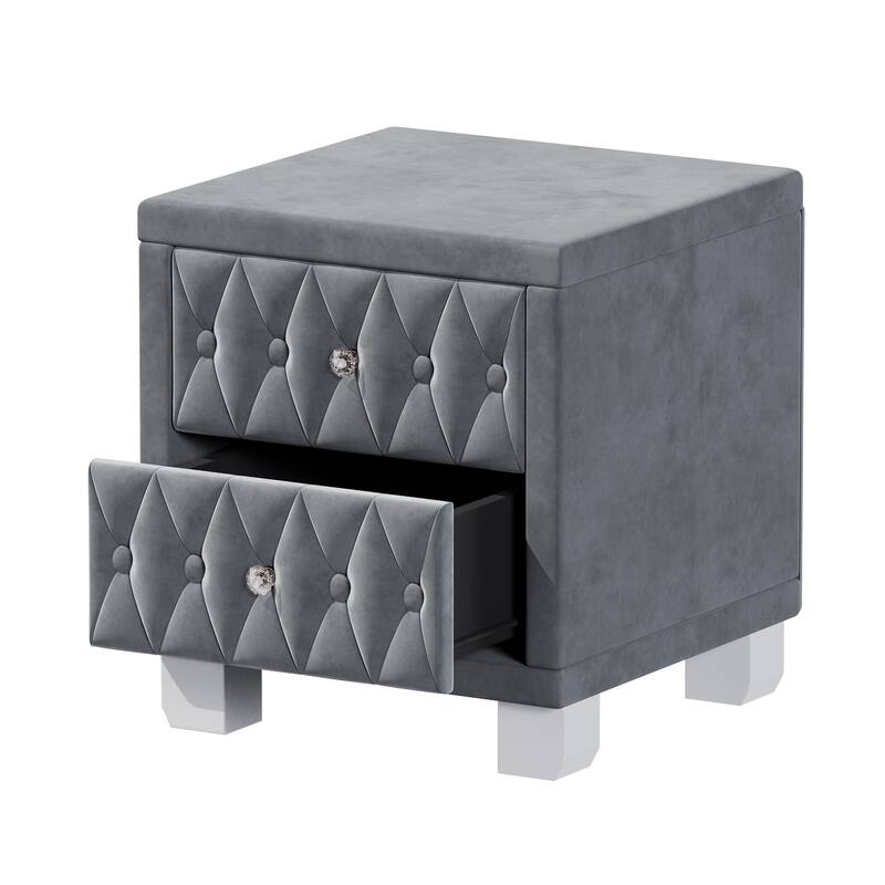 Elegant Velvet Nightstand with 2 Drawers and Crystal Handle, Storage Bedside Table with Button-Tufted