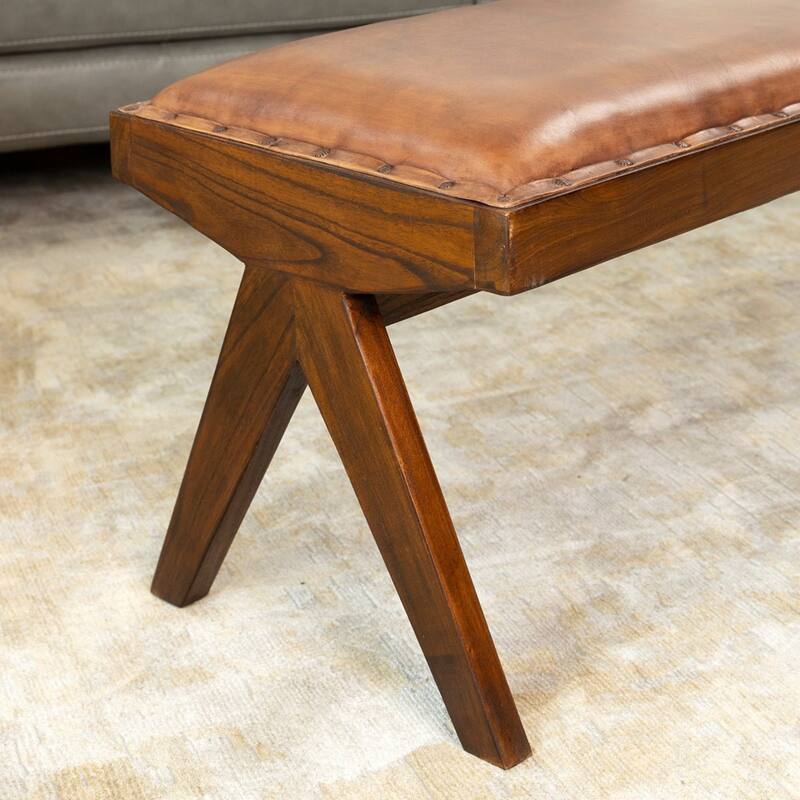 GDFStudio - Chad Modern Mid-Century 47.5" Genuine Leather Bench with Solid Wood Frame - 16.1"W