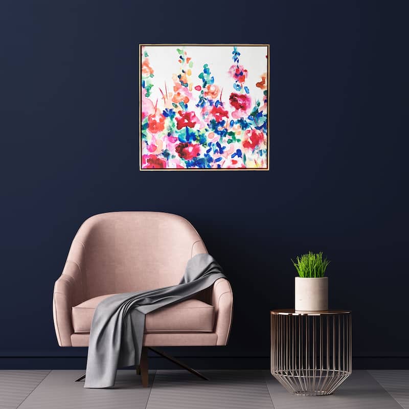 "Happy Garden" Watercolor Print on Gold Floating Framed Canvas Wall Art