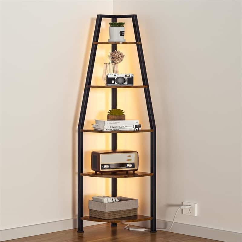 5 Tiers Corner Shelf with LED Light - 12"D x 12"W x 67.32"H