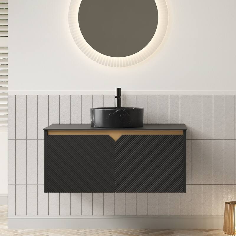 Floating Bathroom Vanity with Sintered Stone Top and Ceramic Vessel Basin - Black - 35.83'' x 19.69'' x 20.91''