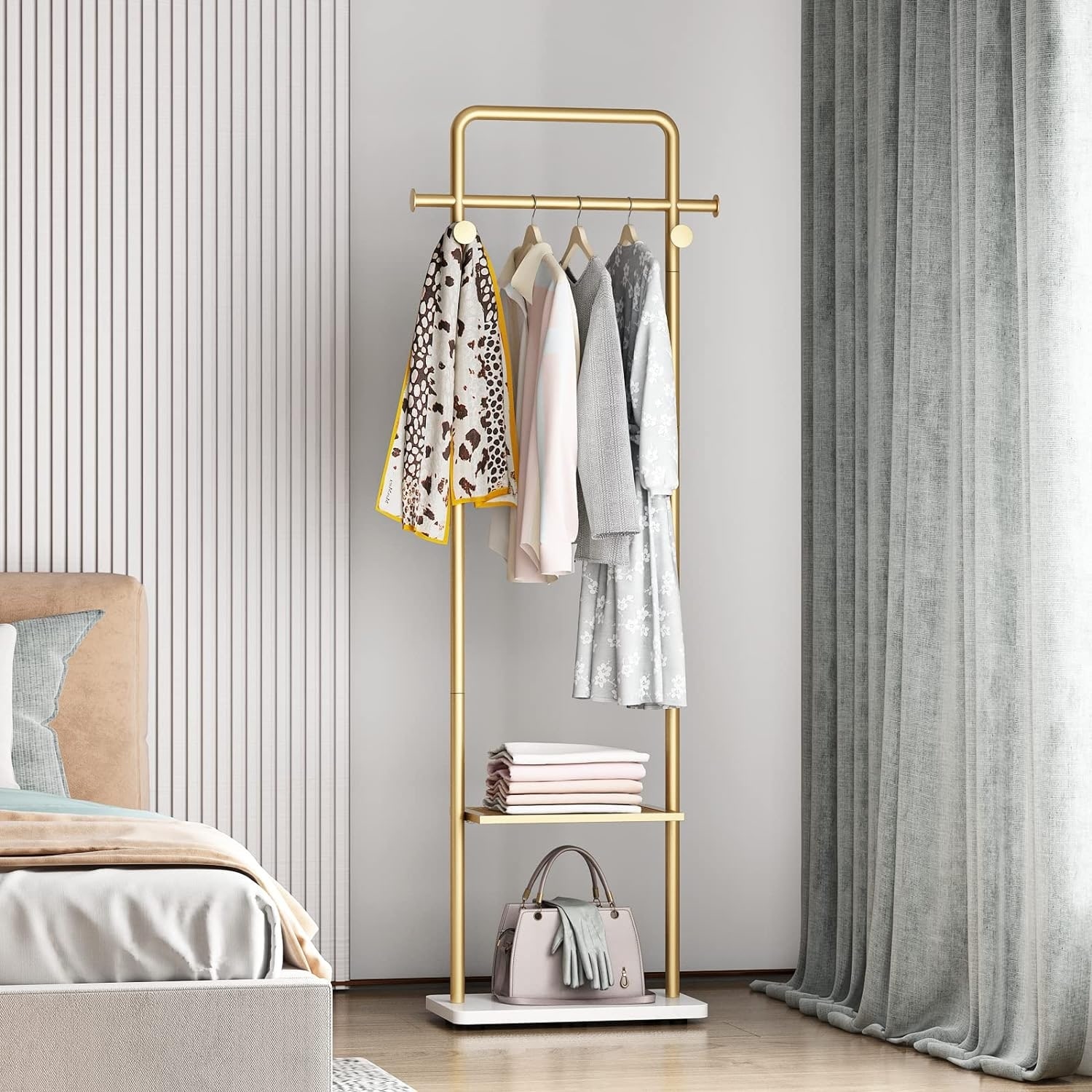 Freestanding Metal Corner Clothes Stand Coat Rack with Hooks