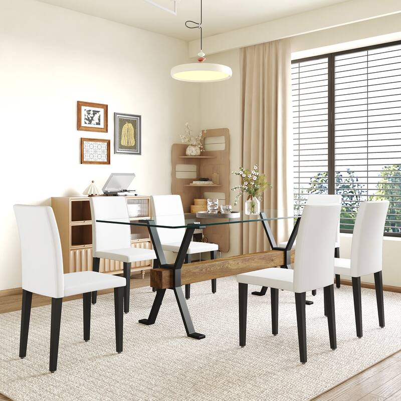 79" Glass Dining Table Set for 6, Modern Tempered Glass Table with 6 Upholstered Chairs, Kitchen Table and Chairs for 6