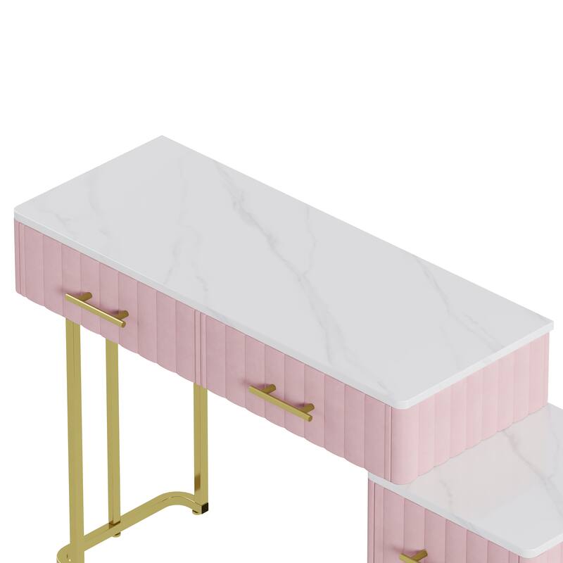 Velvet Upholstered Makeup Vanity Desk with 5 Storage Drawers, Marble-Look Sticker Top Dressing Table and Padded Makeup Chair Set