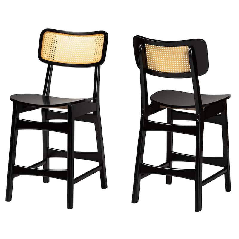 Tafari Mid-Century Modern Wood and Rattan 2-Piece Counter Stool Set - Dark Brown, Light Brown