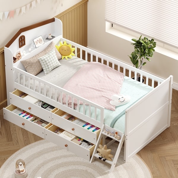 slide 2 of 14, Twin Size Platform Bed with 4 Drawers, Guardrail Headboard and Ladder White